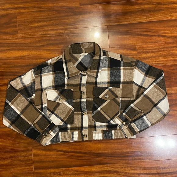 NWOT EditHer Flannel Brown Plaid Button-Up cropped Jacket XL Cotton blend New. - Picture 2 of 11